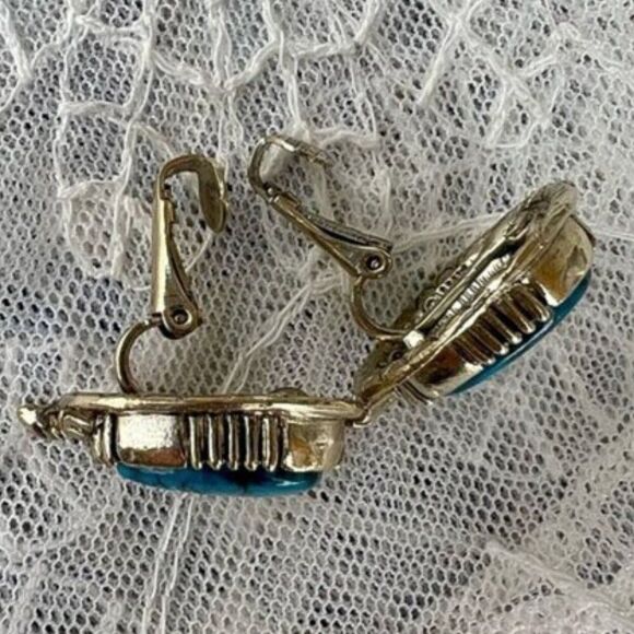 Vintage 60's 70's Signed Arthur Pepper ART Turquoise Teardrop Clip Earrings - Picture 7 of 11